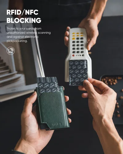 Miniatura 4 de VULKIT Billetera desplegable de metal para hombre, bloqueo RFID inteligente, tarjetero de crédito, cierre magnético, billetera triple de cuero