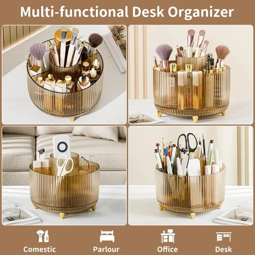 Miniatura 3 de Organizador de maquillaje giratorio transparente para tocador, organizador de brochas de maquillaje de 360° con 5 compartimentos, almacenamiento