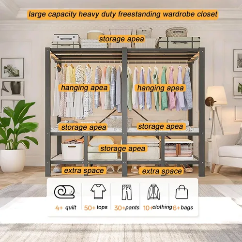 Miniatura 7 de Armario portátil plegable de 59.1 pulgadas para colgar ropa, perchero resistente con cubierta, percheros plegables de metal independientes, armario
