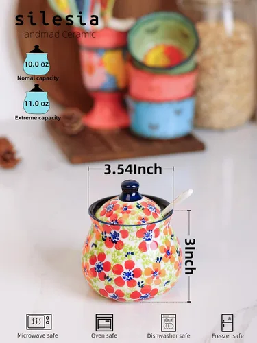 Miniatura 4 de Silesia Azucarero hecho a mano con tapa y cuchara, jarra de azúcar de cerámica pintada a mano de 9 onzas para el hogar en caja de regalo, decoración