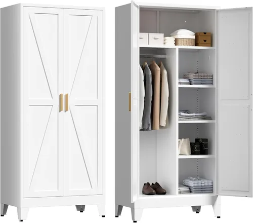 Miniatura 11 de LCAOPC Armario de metal de 71 pulgadas de alto con estantes ajustables y barra para colgar, 2 puertas, armario independiente para dormitorio, Negro