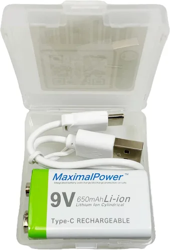 Miniatura 5 de MaximalPower Batería recargable de iones de litio de 9 V de 650 mAh con cable de carga USB tipo C para detectores de humo, alarma digital, pedales