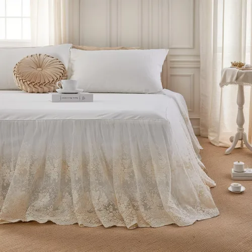 Miniatura 9 de Brandream Falda de cama de encaje, tamaño individual, color blanco crema, caída de 18 pulgadas, romántica con volantes y esquinas divididas