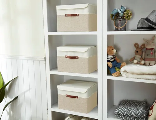 Miniatura 5 de DECOMOMO - Cubos plegables de almacenamiento con tapas, canastas resistentes de tela catiónica, cubos con asas, para organización de estantes, Beige