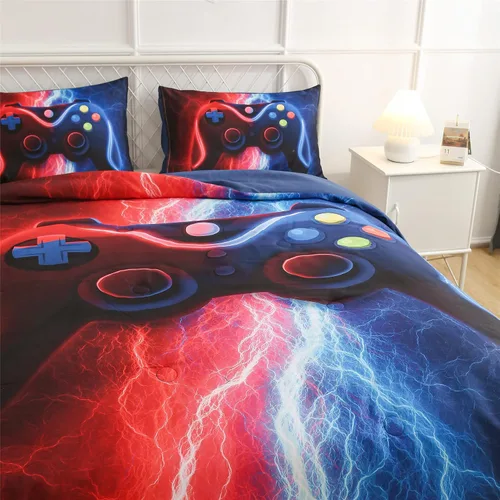Miniatura 5 de Meeting Story Juego de ropa de cama con estampado de consola de videojuegos rojo y azul para niños, consola de juegos, botones de acción, colorido