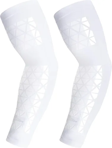 COOLOMG Manga de compresión para brazo de fútbol con agarres para antebrazo y codo, manga de protección solar para niños, jóvenes y adultos Blanco