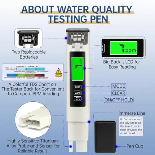 Miniatura 4 de Medidor digital TDS 4 en 1: probador de calidad del agua CE, temperatura (℃/℉) y 0-9999 ppm para agua potable, acuarios y sistemas RO-RODI (blanco)