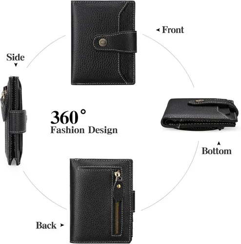 Miniatura 4 de FALAN MULE Cartera pequeña para mujer, de piel auténtica, plegable, compacta, con bloqueo RFID, pequeña cartera para mujer, ZZE-Elegant Negro