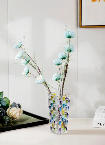 Miniatura 3 de Magcolor Jarrón de vidrio tejido azul pintado a mano - Florero de cristal - 7.7 pulgadas, Florero de vidrio para plantas para arreglos florales