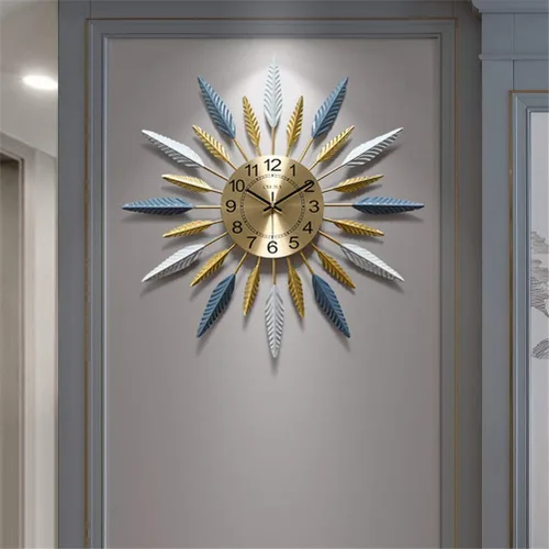 Miniatura 2 de Clock Wall Clock Large Wall Clock,Retro Feather Geometric Design,Mute Golden Clock,Modern Polychromatic Vintage Metal Wall Clock Kitchen,Blue
