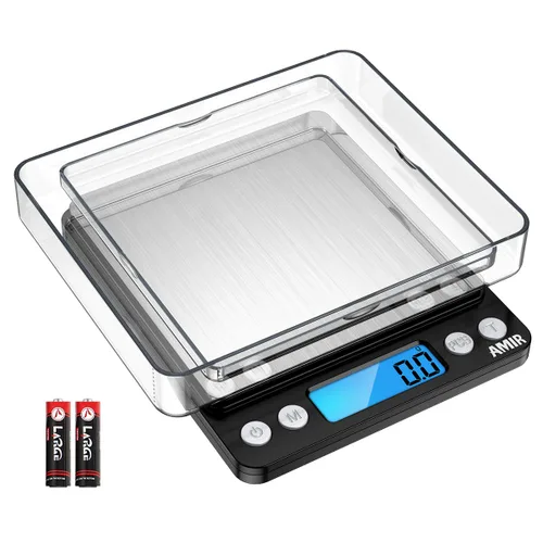 Amir balanza digital de cocina de acero inoxidable con pantalla LCD, pesa hasta 3000 g, 0.1 g resolución, ideal para regalos de Navidad., Negro