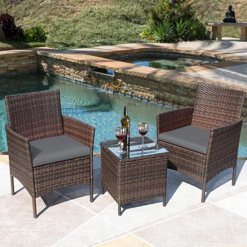 Miniatura 3 de Greesum Juego de muebles de patio de 3 piezas para exteriores, sillas de mimbre de ratán PE con cojín suave y mesa de centro de cristal para jardín