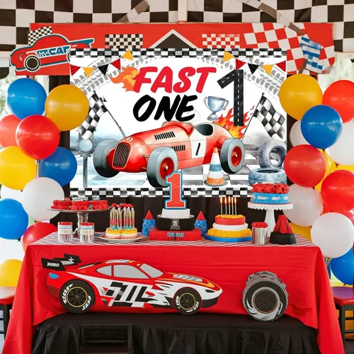 Miniatura 3 de Telón de fondo rápido de un cumpleaños, decoración de primer cumpleaños de coche de carreras, suministros de pancarta de fiesta de primer