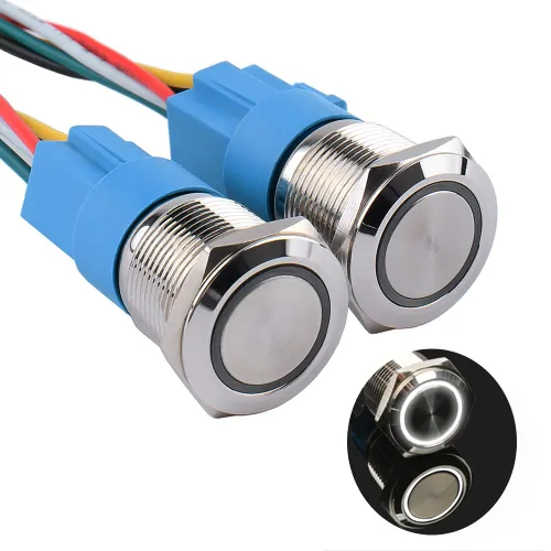 Miniatura 19 de Paquete de 2 interruptores de botón momentáneos de 0.63 pulgadas, 12 V-24 V, LED, impermeable, de metal, 1 NO 1 NC, con enchufe de cable