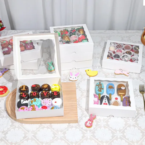 Miniatura 3 de RomanticBaking 15 cajas de panadería de 8 x 8 x 2 pulgadas con ventana, cajas de galletas cubiertas de chocolate, caja de fresas para panadería