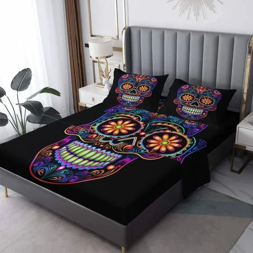 Miniatura 9 de Juego de sábanas tamaño Queen – Sábanas de cama con diseño de calavera de azúcar, sábanas y fundas de almohada, microfibra suave, bolsillo profundo