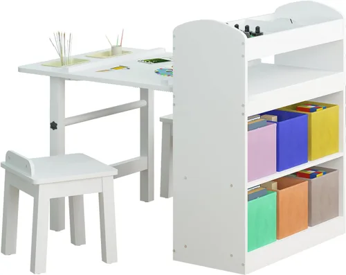 Miniatura 9 de Mjkone Juego de mesa de arte y 2 sillas para niños, juego de mesa de madera para niños con almacenamiento de suministros, contenedores de lona