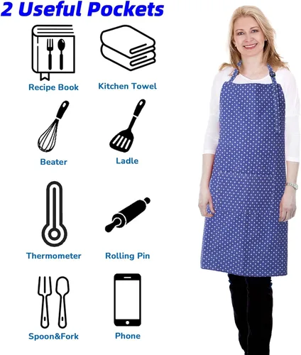 Miniatura 4 de Delantales para mujer con 2 bolsillos, delantal de cocina ajustable de algodón con flores para cocinar y hornear, delantal de chef, delantal