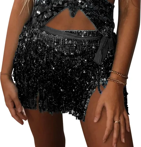 Bufanda de cadera para mujer con flecos brillantes, falda de lentejuelas para fiesta de rave, disfraz de festival, falda de borla