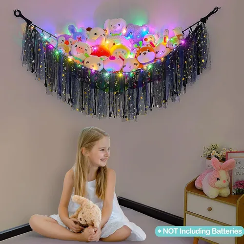 Miniatura 2 de FIOBEE Red de Animales de Peluche o Hamaca con Luz LED, Hamaca de Juguetes Colgante Organizador de Almacenamiento Soporte para Animales de Peluche