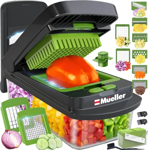 Mueller Pro-Series 10 en 1, picadora de verduras de 8 cuchillas, picador de cebollas, cortador, picador, rebanador de huevos con recipiente,