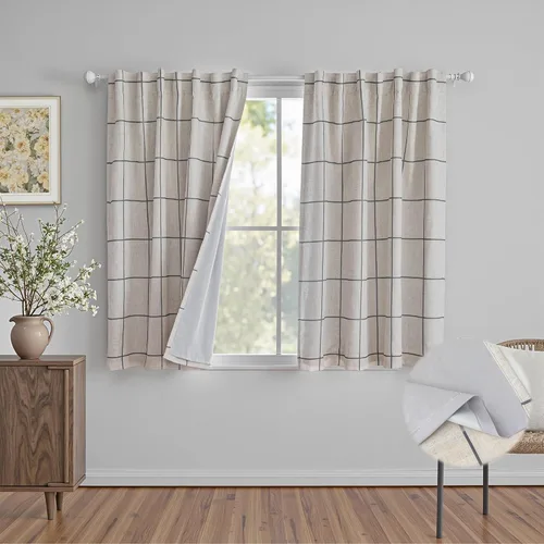Miniatura 14 de MYSKY HOME Cortinas de Lino a Cuadros 100% Opacas de 45 Pulgadas de Largo de Doble Capa Estilo Granja con Aislamiento Térmico Estampado a Cuadros