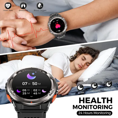 Miniatura 7 de EIGIIS KE5 Military Smart Watch for Men with Flashlight SOS 3ATM Waterproof Watch 530mAh Big Battery 1.45" Rugged Tactical Smartwatch with Compass