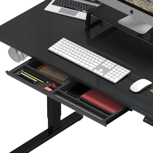 Miniatura 5 de SHW Escritorio eléctrico de cristal de pie ajustable de 48 x 24 pulgadas, escritorio motorizado con elevador de monitor, cajón extraíble, ajustes