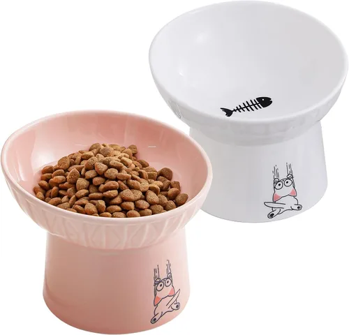 Miniatura 8 de Platos elevados de cerámica para gatos de 6.5 pulgadas extra anchos, cuenco de comida y agua para gatos inclinado y elevado de porcelana, platos