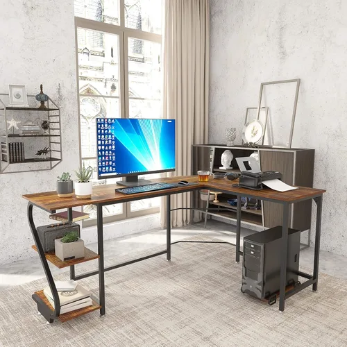Miniatura 2 de Weehom Escritorio reversible en forma de L con estantes, escritorio de esquina grande para computadora, escritorio de juegos para oficina en casa