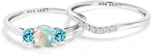 Miniatura 3 de Juego de anillos de compromiso de 3 piedras de oro blanco de 10 quilates con ópalo de imitación y topacio azul suizo y diamante cultivado
