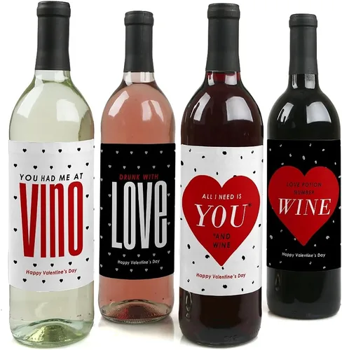 Big Dot of Happiness - Día de San Valentín - Regalo para mujeres y hombres - Etiquetas adhesivas para botellas de vino - Juego de 4