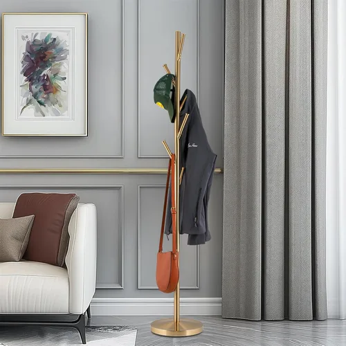Miniatura 3 de Kira Home Addison - Perchero de pie moderno dorado de 68 pulgadas con 6 ganchos para colgar, elegante soporte de metal dorado con base pesada