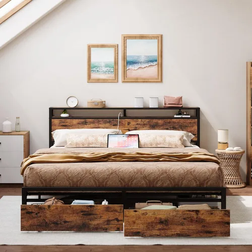 Miniatura 13 de LIKIMIO Base de cama Queen con cabecera de almacenamiento, cama de plataforma con cajones y estación de carga, no necesita somier, fácil montaje