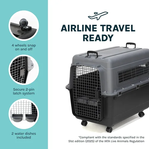 Miniatura 6 de SportPet - Jaula de viaje para perros con puerta de alambre aprobada por aerolíneas, de plástico duradero con ruedas extraíbles, plegable, cuencos