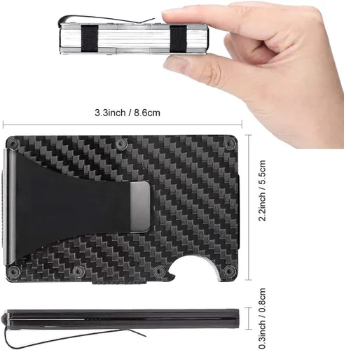 Miniatura 6 de Cartera de fibra de carbono soporte para tarjeta de crédito con bloqueo RFID clip de dinero minimalista delgado para hombres y mujeres negro