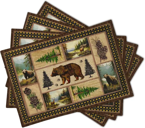 Miniatura 2 de Manteles individuales rústicos con diseño de oso y ciervo, 4 piezas, manteles individuales vintage de cabaña con piñas y cuadros, resistentes al