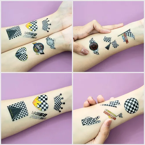 Miniatura 7 de 96 tatuajes temporales de bandera a cuadros para niños, recuerdos de fiesta de autos de carreras y decoraciones de cumpleaños, calcomanías falsas