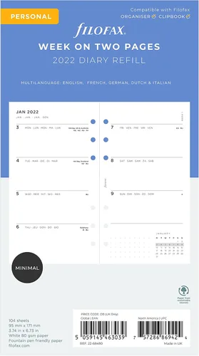 Miniatura 3 de Filofax Recambio de diario de calendario, tamaño personal/compacto, semana a vista, paquete de diario mínimo, libro blanco, multilingüe: cinco