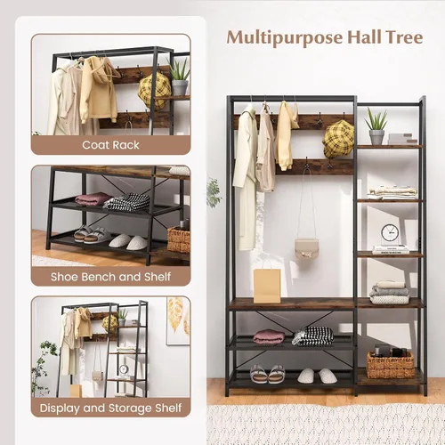 Miniatura 8 de Tangkula Árbol de pasillo con banco y almacenamiento de zapatos, banco de entrada 5 en 1 con 9 ganchos, 5 estantes laterales y 2 estantes de malla