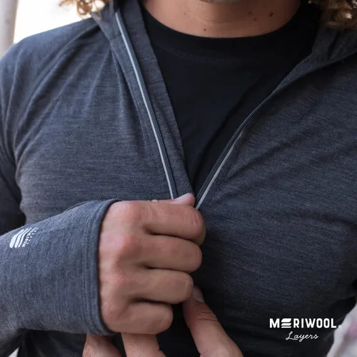 Miniatura 7 de MERIWOOL Sudadera con capucha para hombre, ligera, de lana merina, manga larga, térmica