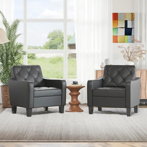STHOUYN Juego de 2 sillas con brazos para sala de estar, silla decorativa de piel sintética negra, sillas de sala de espera, silla de lectura de