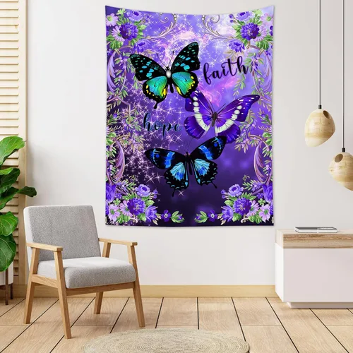 Miniatura 3 de LB Tapiz pequeño de mariposa colorido para colgar en la pared, diseño psicodélico de flores silvestres 3D, mariposas de fantasía floral, arte
