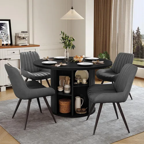 Miniatura 28 de Miereirl Juego de mesa y sillas de comedor moderno redondo, con una mesa de comedor de madera equipada con compartimentos de almacenamiento