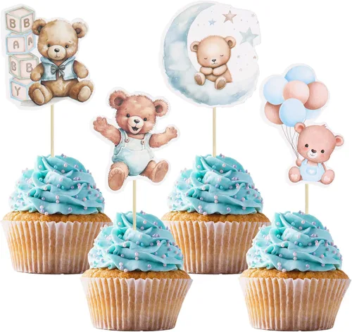 Gyufise 32 Piezas Decoraciones para Cupcakes de Oso de Baby Shower Luna Oso Bebé Decoraciones de Pastel de Baby Shower Tema de Animales de la Selva