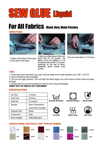 Miniatura 7 de Adhesivo de refuerzo líquido para coser de secado rápido, adhesivo de refuerzo líquido para todas las telas, ropa de algodón, franela de mezclilla