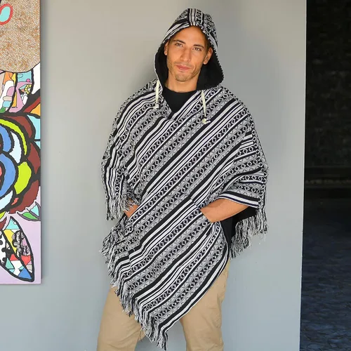 Miniatura 2 de virblatt - Poncho para hombre 100 algodón Poncho mexicano Baja sudadera con capucha para hombre Reversible Capa azteca mexicana con capucha