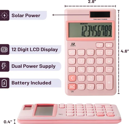 Miniatura 2 de Mr. Pen - Calculadora solar de función estándar, 12 dígitos, rosa claro, tamaño de bolsillo