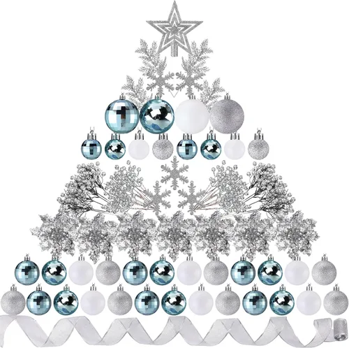 Miniatura 7 de Sratte 94 piezas de adornos para árbol de Navidad, adornos de bolas de Navidad con purpurina, flores de nochebuena, decoraciones con bayas Azul