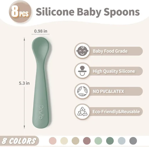 Miniatura 2 de DRKIO Cucharas de silicona para bebés de 8 piezas, cucharas para bebés, primera etapa, autoalimentación, suministros de destete para bebés
